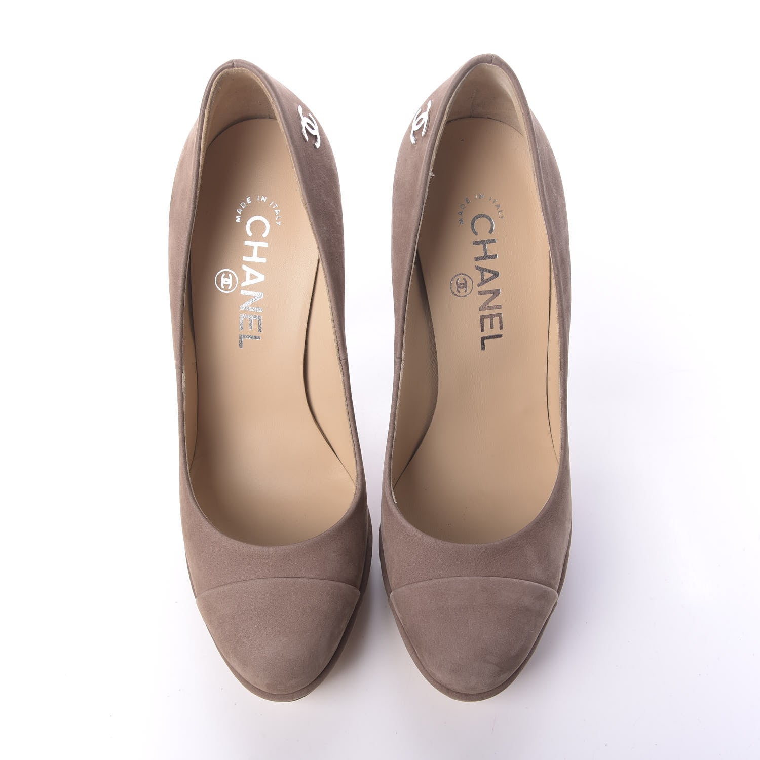 Chanel Suede CC Cap Toe Pumps 37.5 Beige 6 of 13