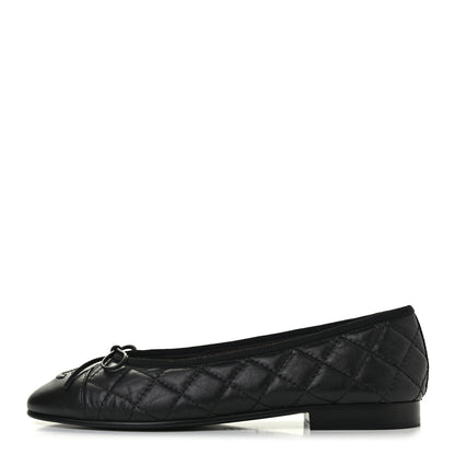 Chanel Aged Calfskin Quilted CC Cap Toe Ballerina Flats 37 Black 1 of 8