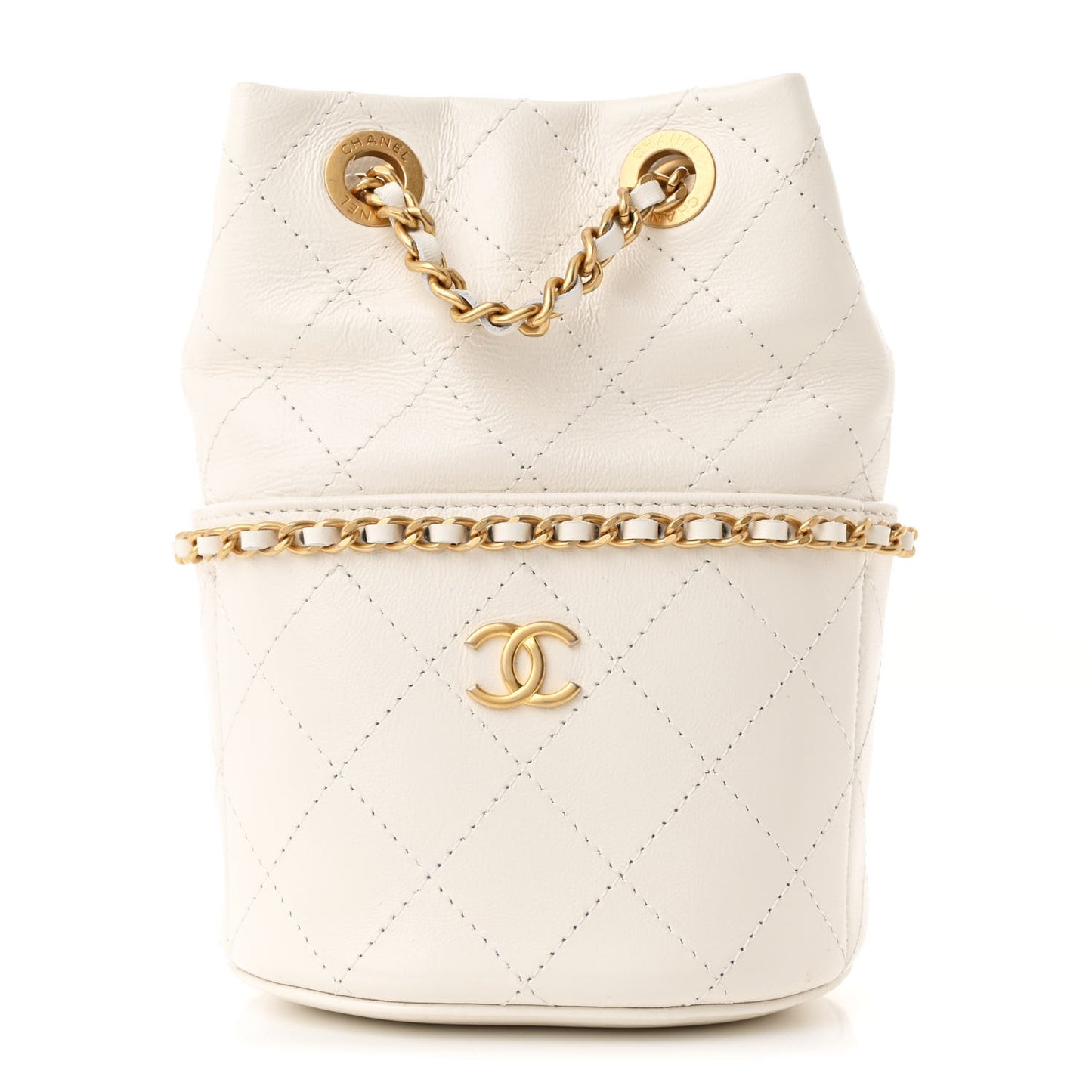 Shiny Lambskin Quilted Nauticoco Bucket Bag White