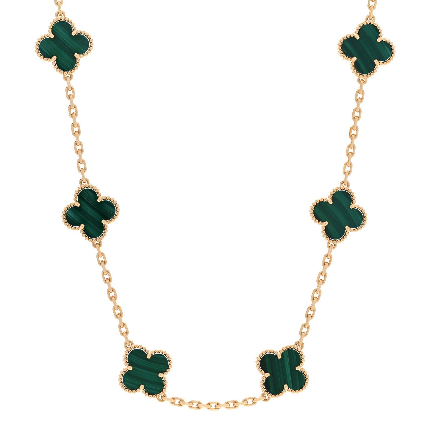 18K Yellow Gold Malachite 10 Motifs Vintage Alhambra Necklace