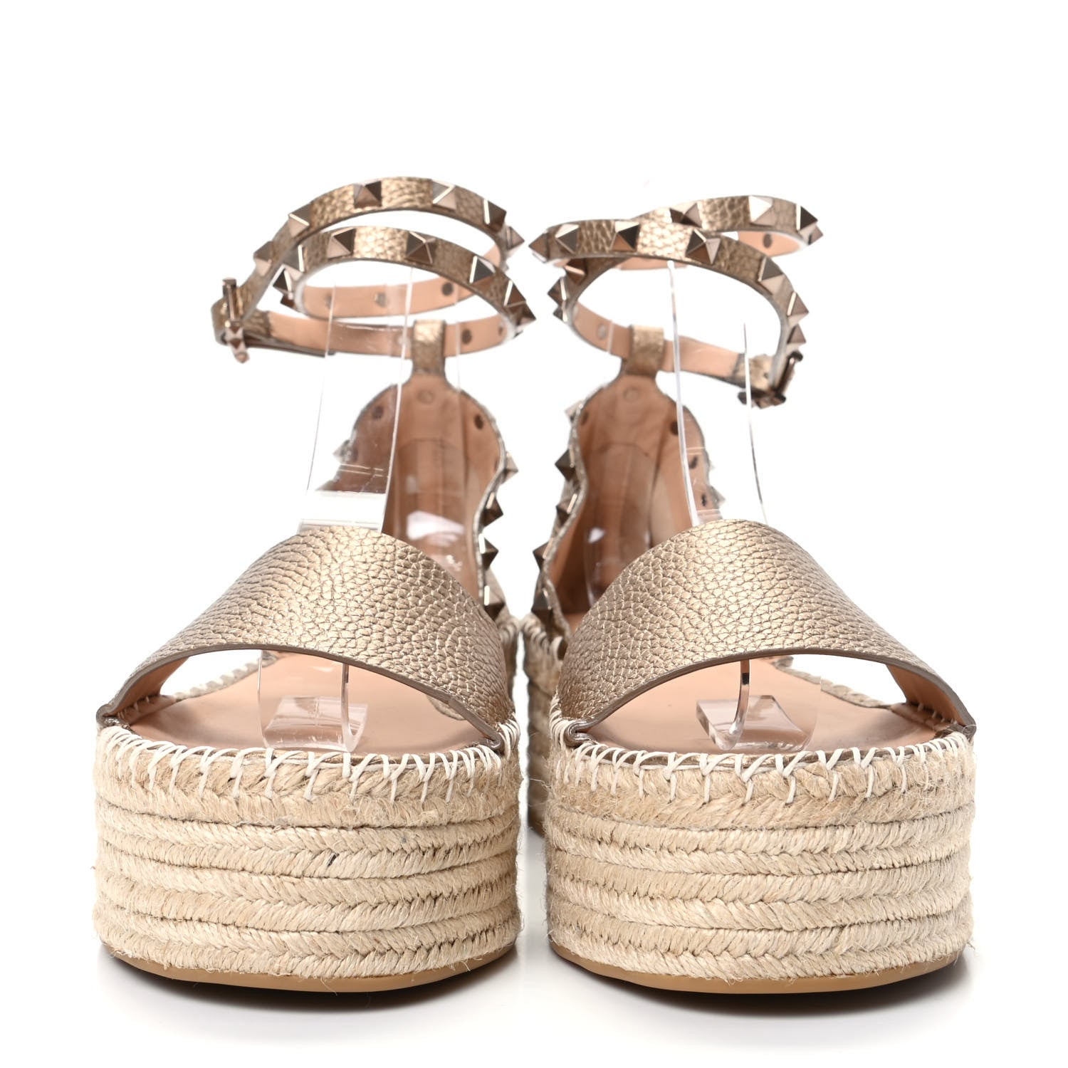 Valentino Garavani Metallic Grained Calfskin Rockstud Ankle Wrap Espadrille Flatform Sandals 41 Skin Natural 2 of 9