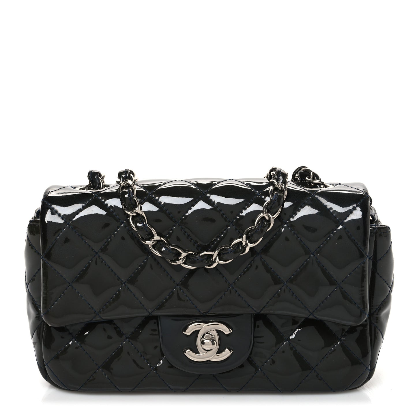 Patent Calfskin Quilted Mini Rectangular Flap Navy Blue