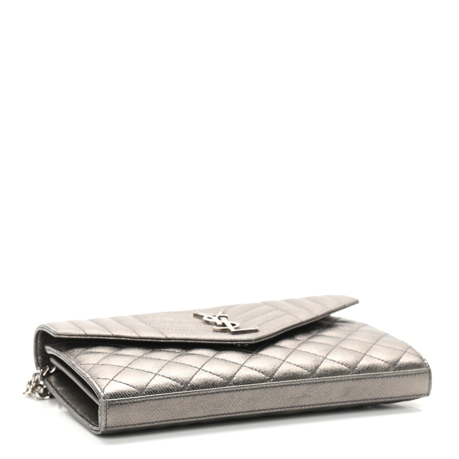 Saint Laurent Metallic Calfskin Mixed Matelasse Triquilt Monogram Chain Wallet Piombo 4 of 11