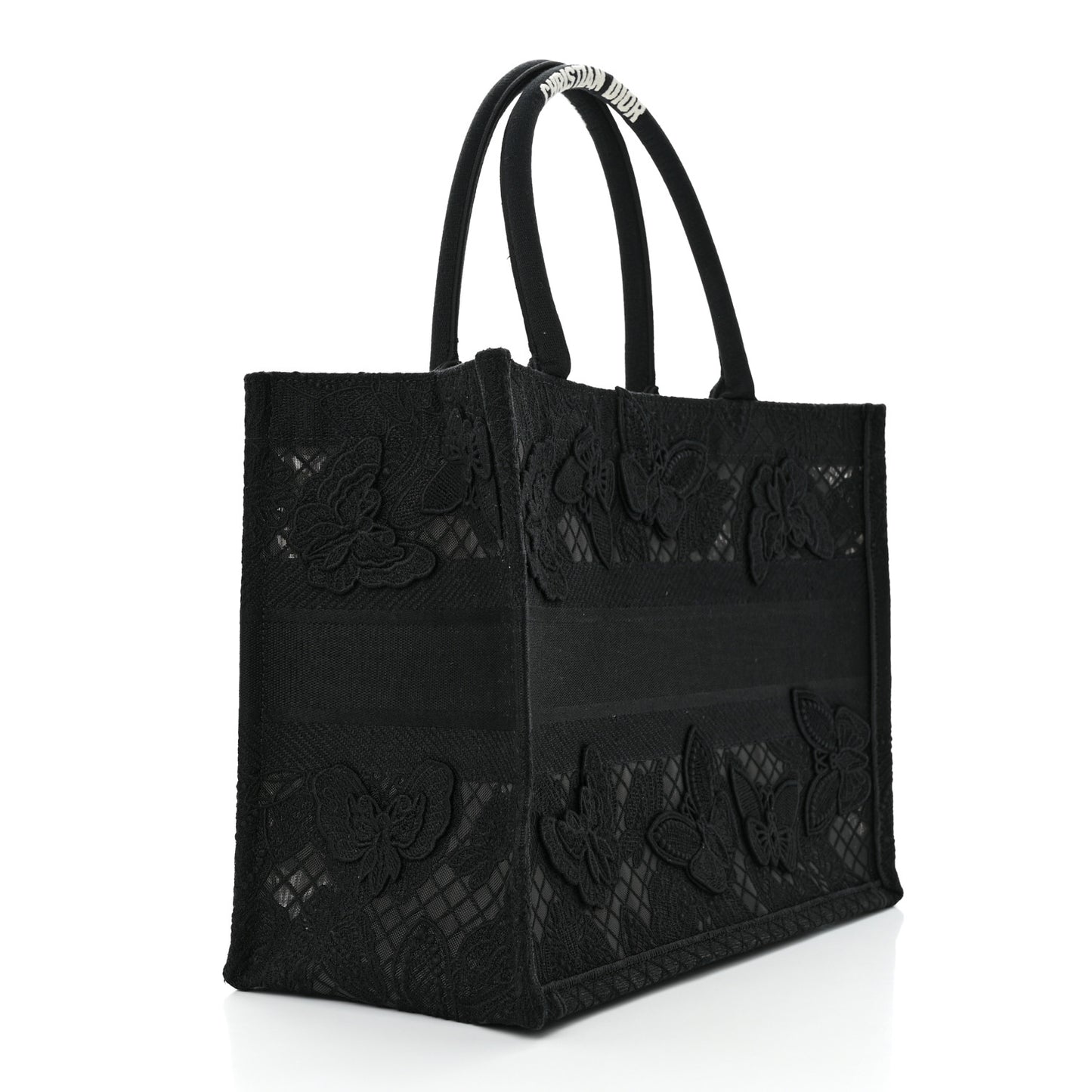 Embroidered 3D Macrame D-Lace Butterfly Medium Book Tote Black Multicolor