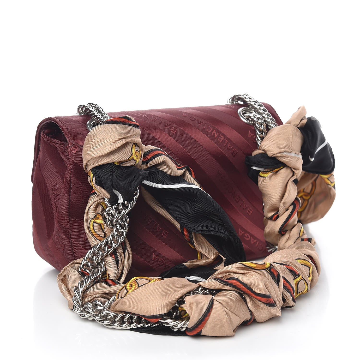Balenciaga Nylon Jacquard Diagonal Logo Small Scarf Lock Chain Shoulder Bag Rouge Bordeaux Black Beige 3 of 10