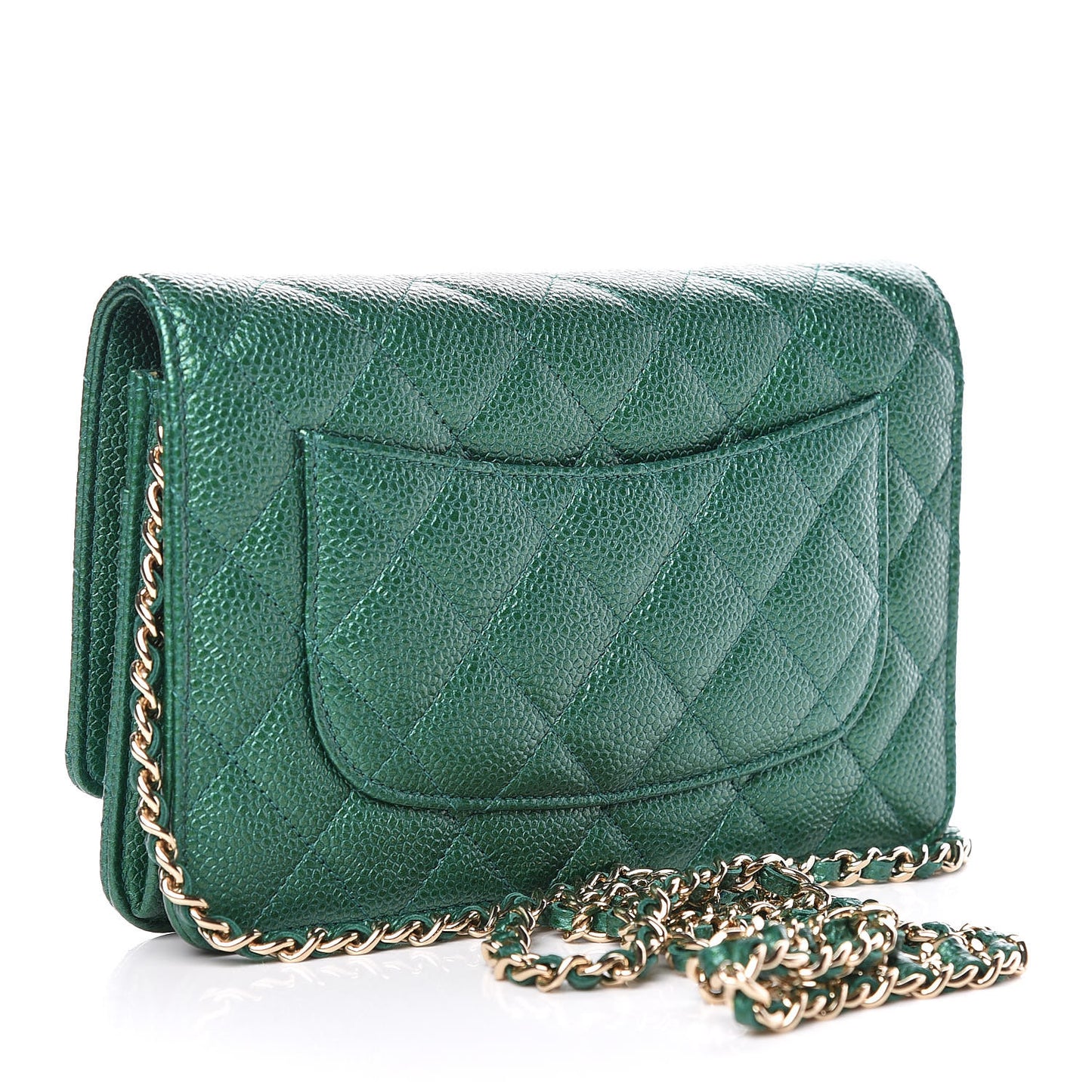 Metallic Caviar Quilted Wallet On Chain WOC Green
