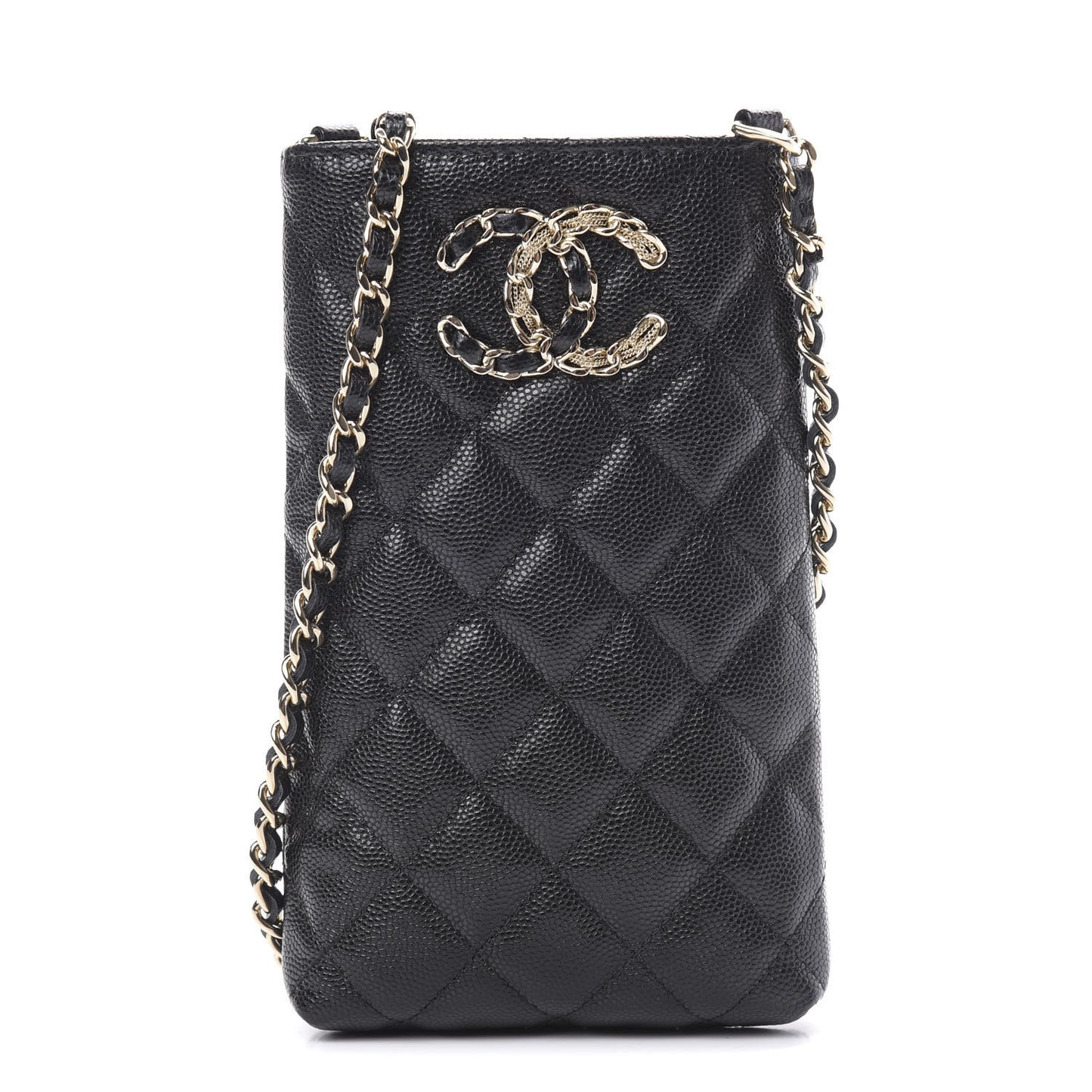 Caviar Quilted French New Wave Phone Holder With Chain Black