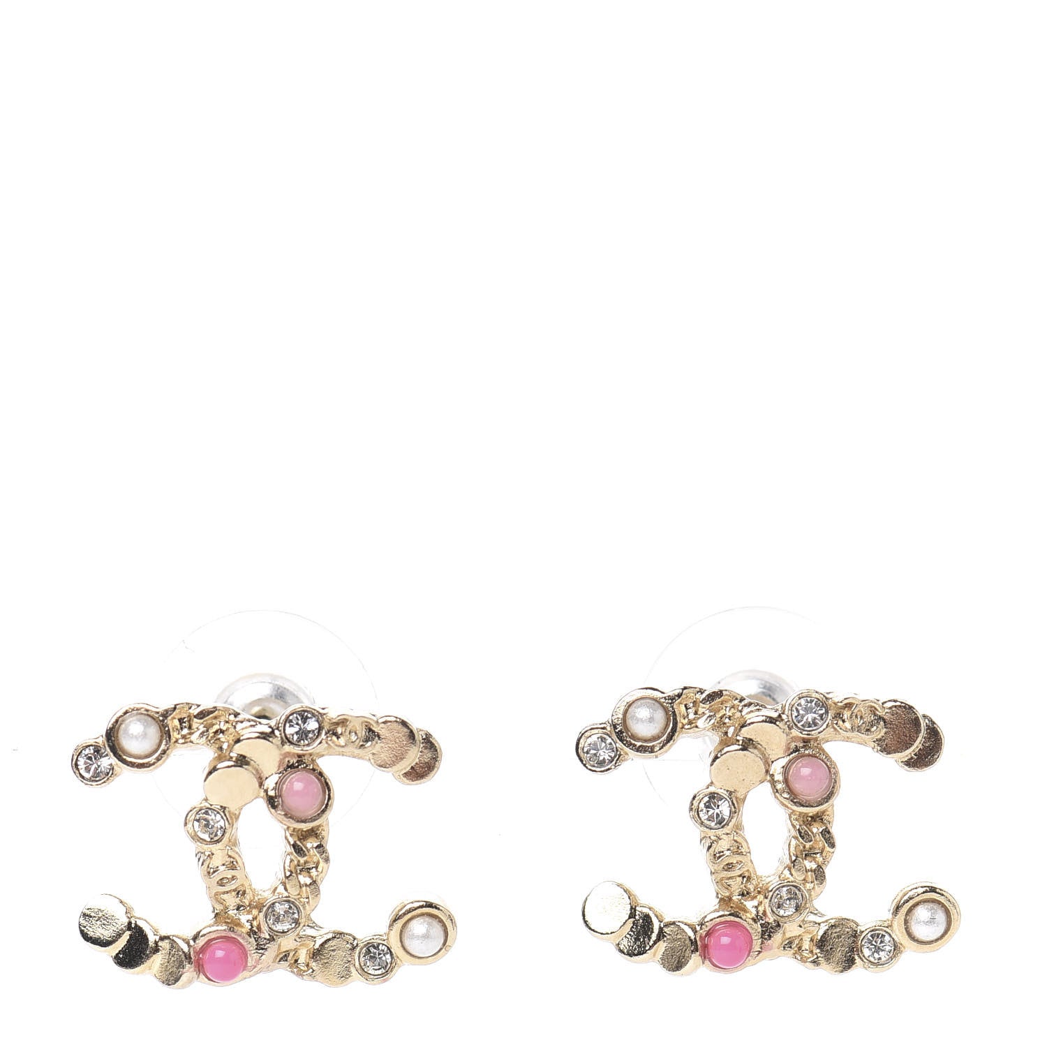 Chanel Crystal CC Earrings Gold Pink Multicolor Pearly White 1 of 5