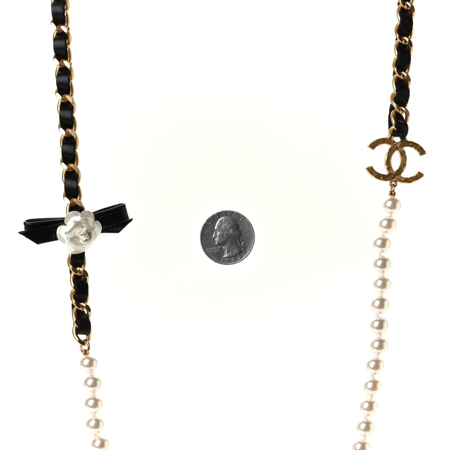 Chanel Calfskin Pearl Chain 90's Camellia Long Necklace Black Gold 4 of 4