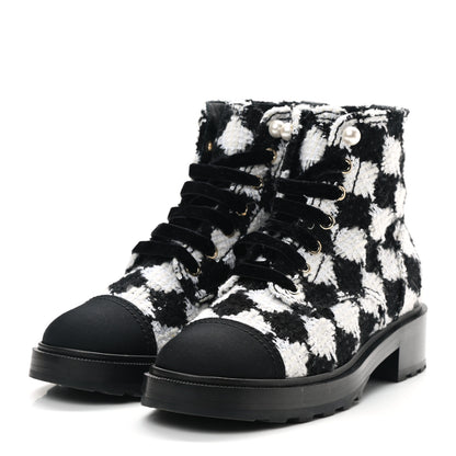 Chanel Tweed Grosgrain Pearl Combat Short Boots 38.5 White Black 3 of 8