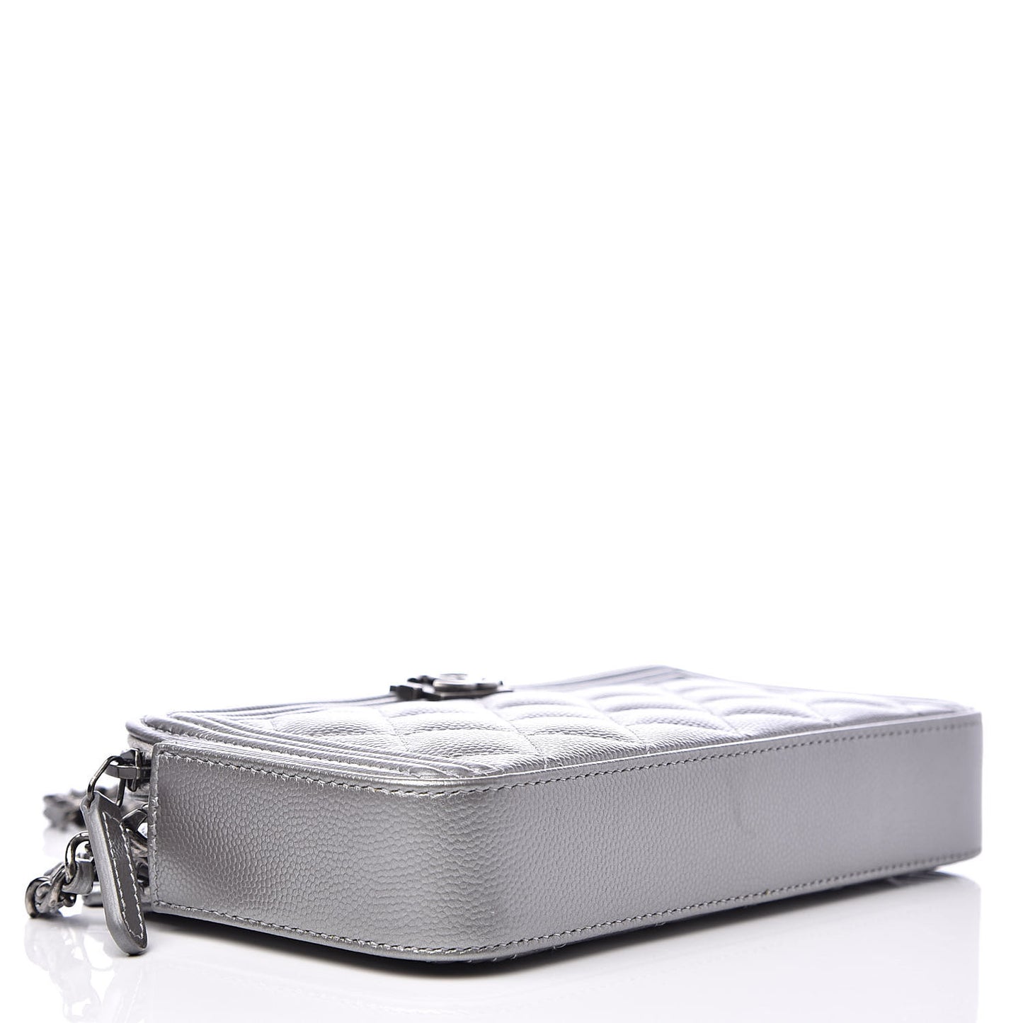 Metallic Caviar Quilted Small Boy Clutch With Chain Silver