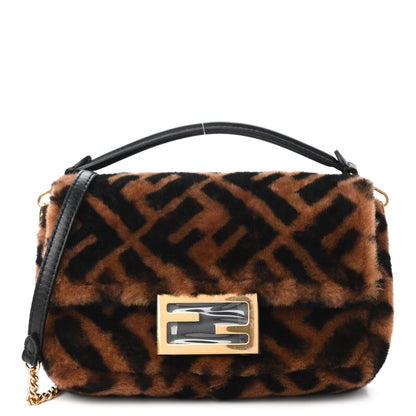 Fendi Shearling Vitello Dolce Macro FF 1974 Mini Baguette Tobacco Black 1 of 10