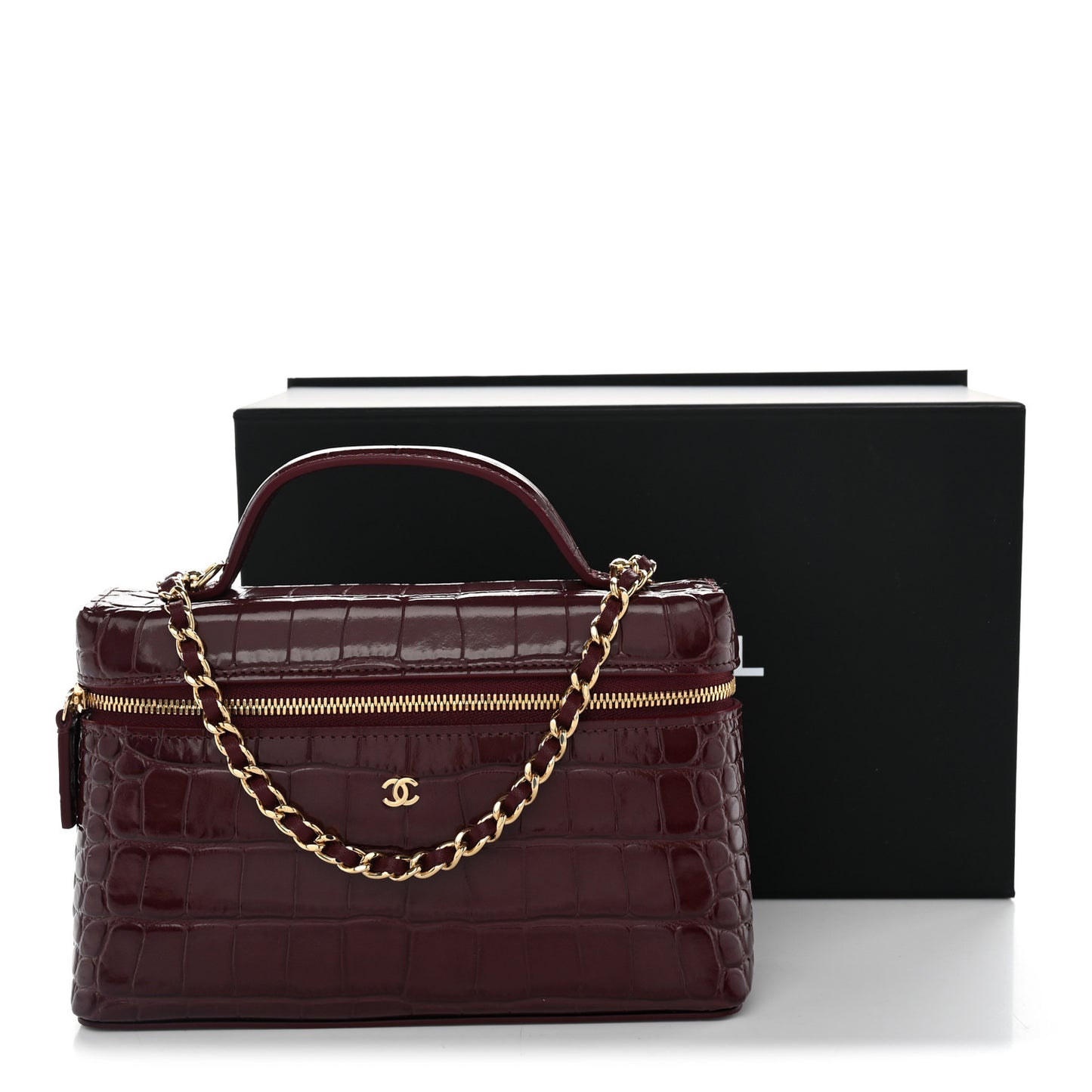 Calfskin Crocodile Embossed Crococo Exoticoco Vanity With Chain Dark Burgundy