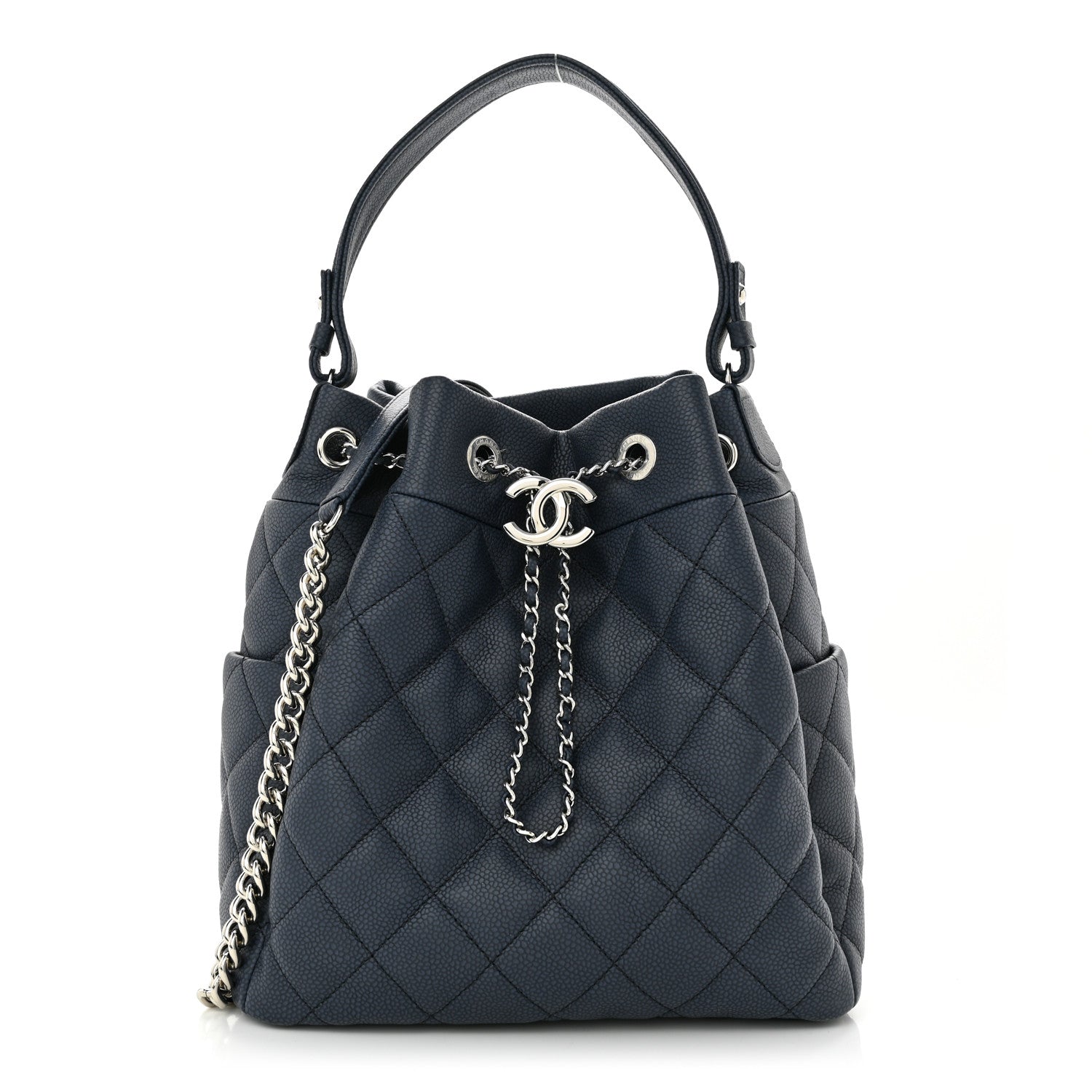 Chanel Caviar Flat Quilted CC Chain Bucket Drawstring Bag Navy 1 of 10