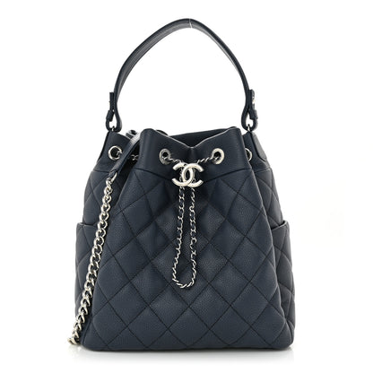 Chanel Caviar Flat Quilted CC Chain Bucket Drawstring Bag Navy 1 of 10