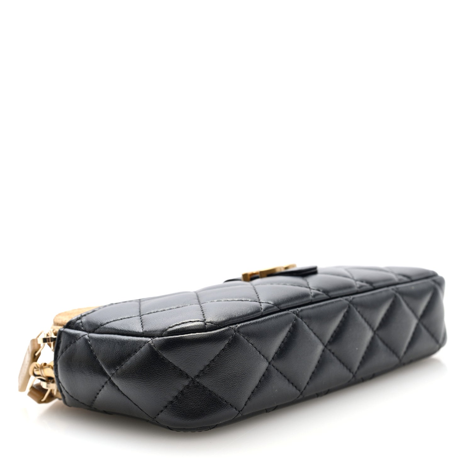 Chanel Suede Shiny Lambskin Quilted Phone Holder With Chain Black Beige 4 of 12