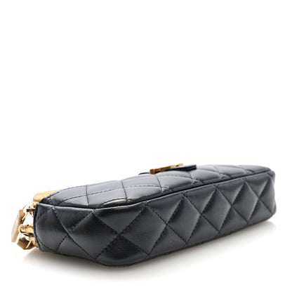 Chanel Suede Shiny Lambskin Quilted Phone Holder With Chain Black Beige 4 of 12