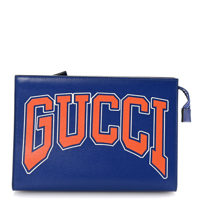 Gucci New Shanghai Calfskin Interlocking G Logo Wristlet Pouch Cobalt Blue Orange 1 of 6