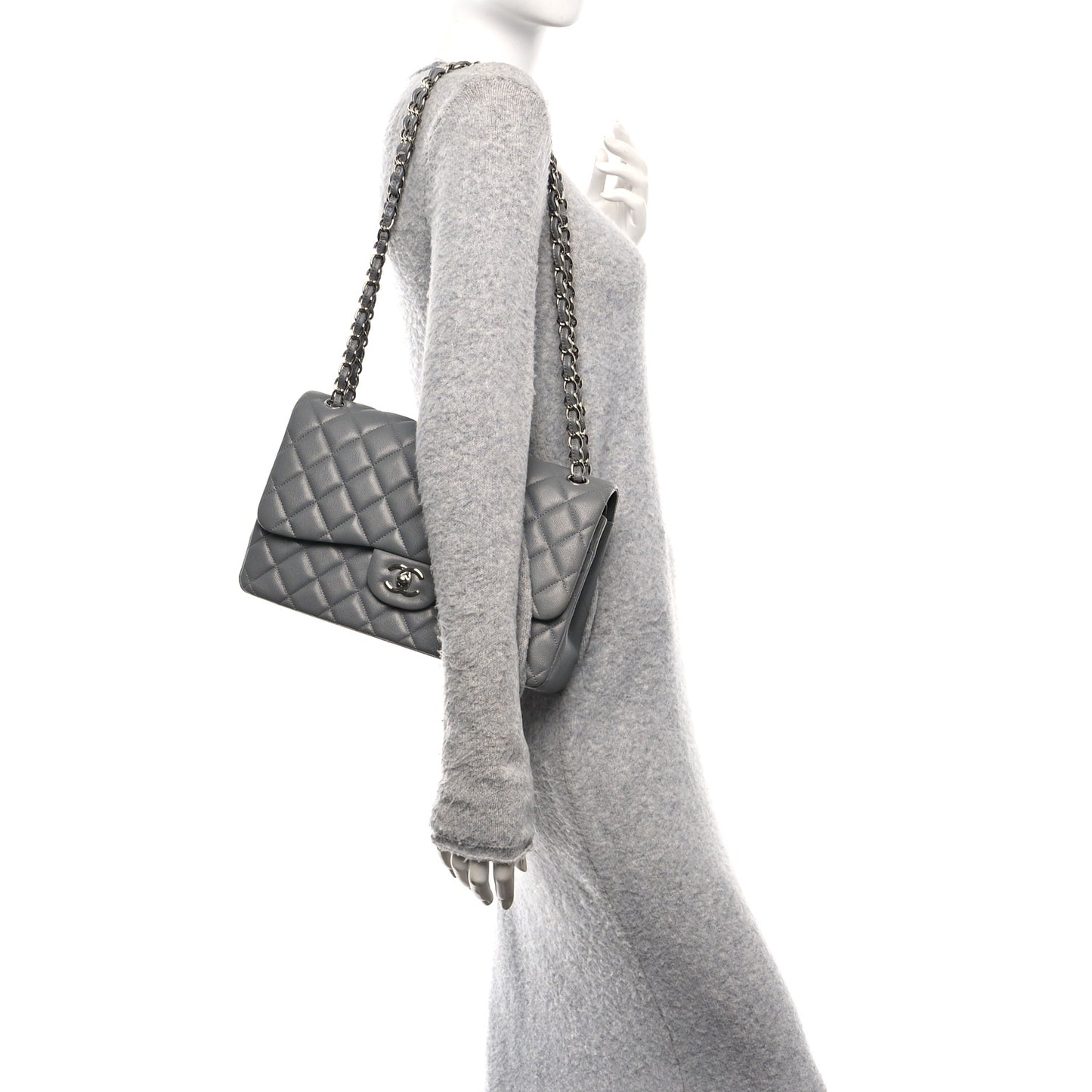 Caviar Quilted Jumbo Double Flap Dark Grey