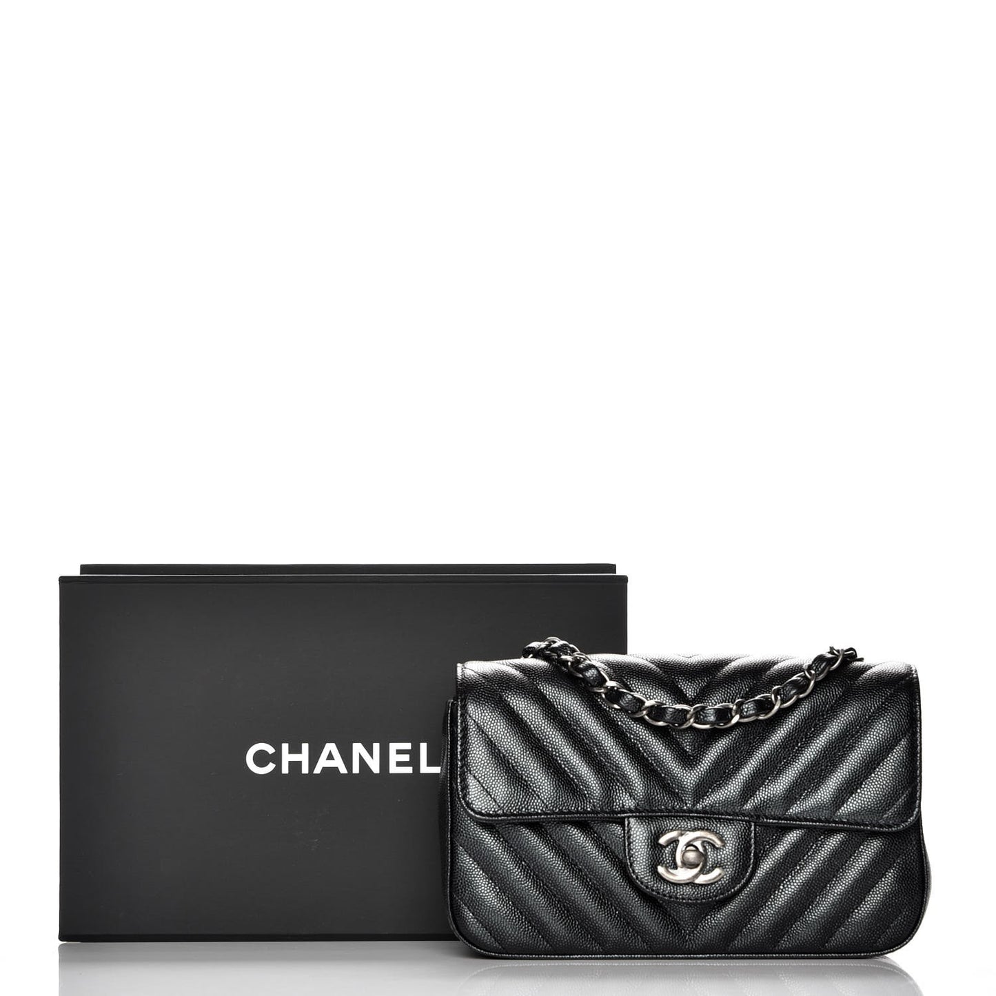 Metallic Caviar Chevron Quilted Mini Rectangular Flap Black