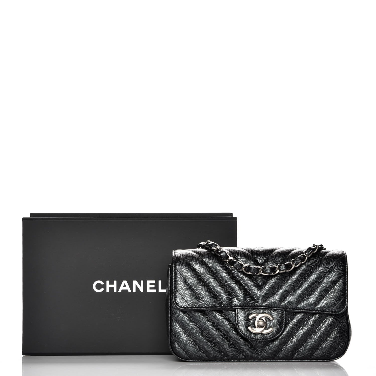 Chanel Metallic Caviar Chevron Quilted Mini Rectangular Flap Black 8 of 8