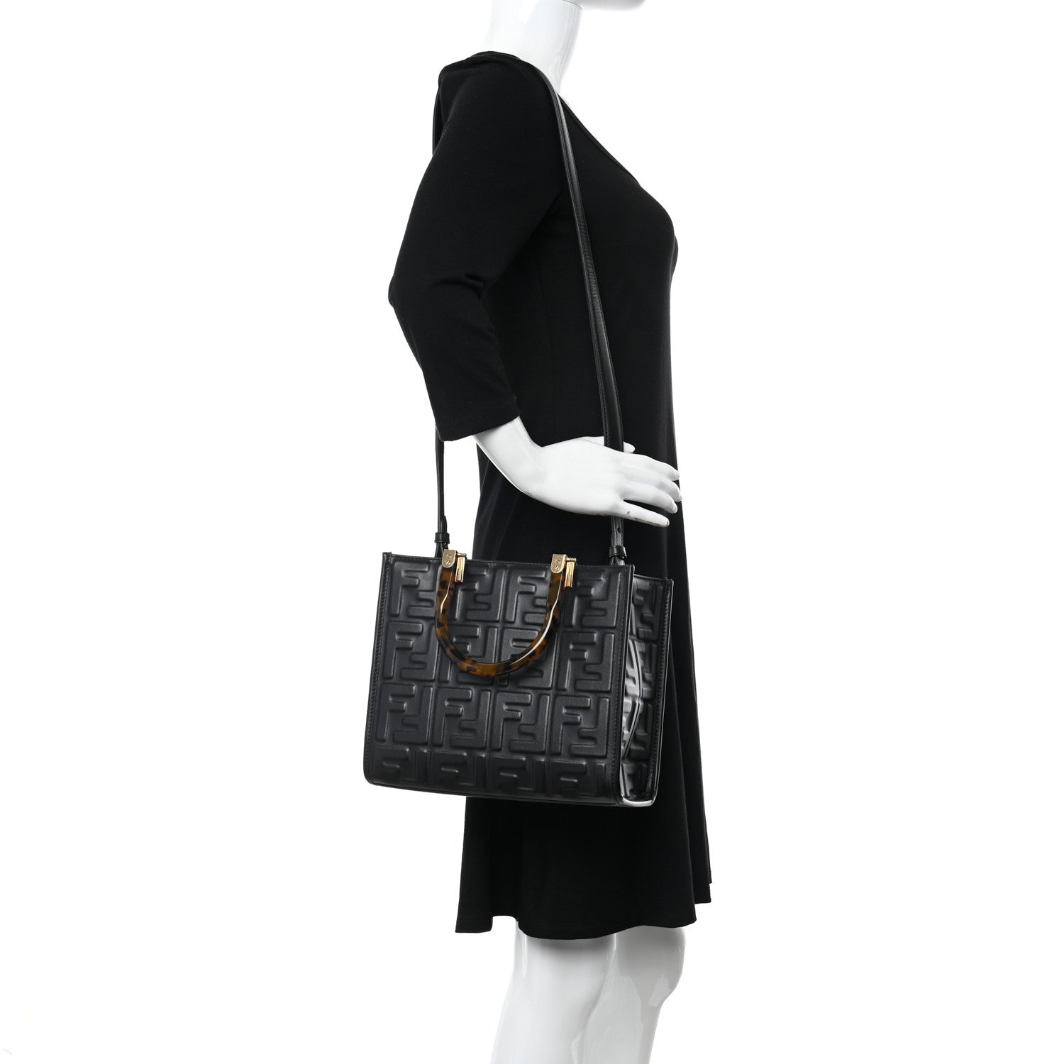 Fendi Vitello Plexiglass FF Embossed Small Fendi Sunshine Shopper Tote Black 2 of 9