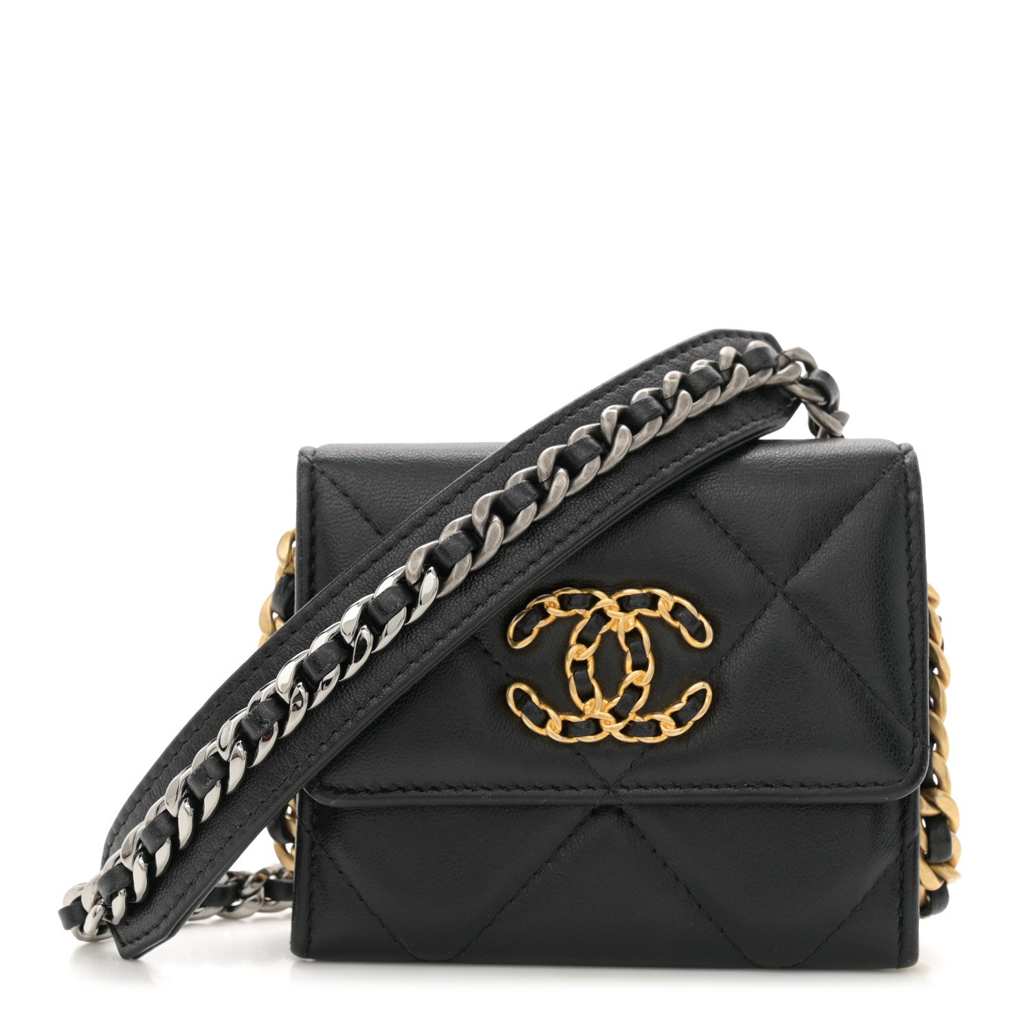 Chanel Lambskin Quilted Chanel 19 Flap Coin Purse With Chain Black 1 of 11