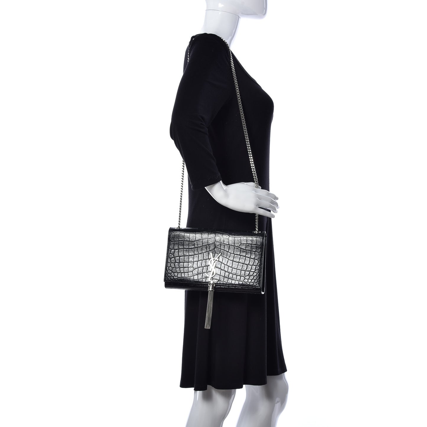 Calfskin Crocodile Embossed Medium Classic Monogram Kate Tassel Satchel Black