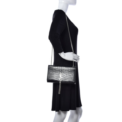 Saint Laurent Calfskin Crocodile Embossed Medium Classic Monogram Kate Tassel Satchel Black 2 of 8