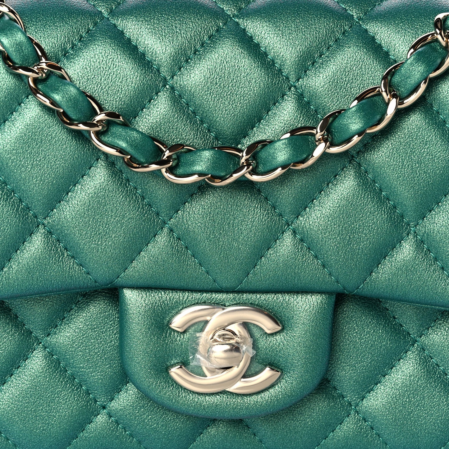 Iridescent Calfskin Quilted Mini Rectangular Flap Green