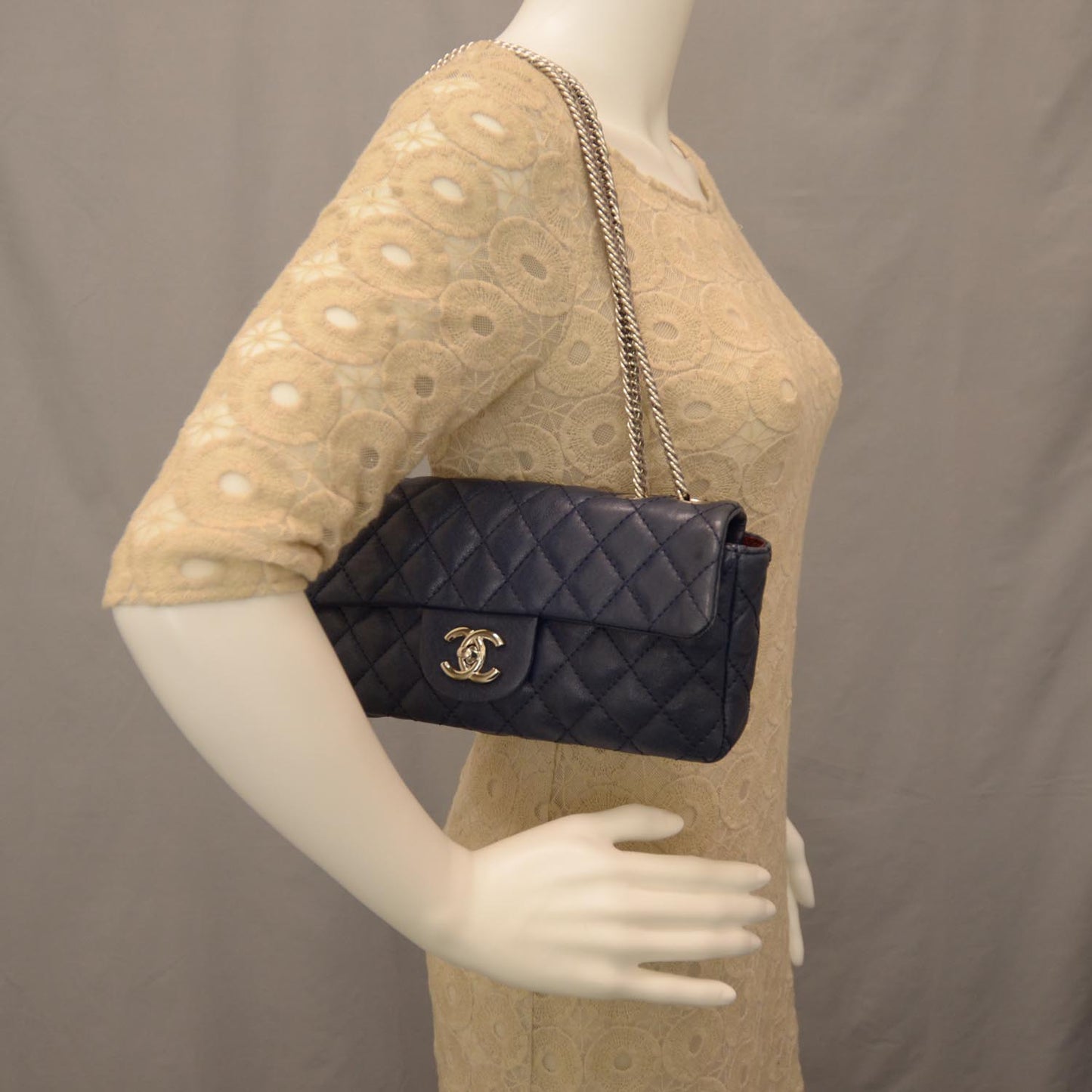 Lambskin Quilted East West Flap Bijoux Chain Navy Blue