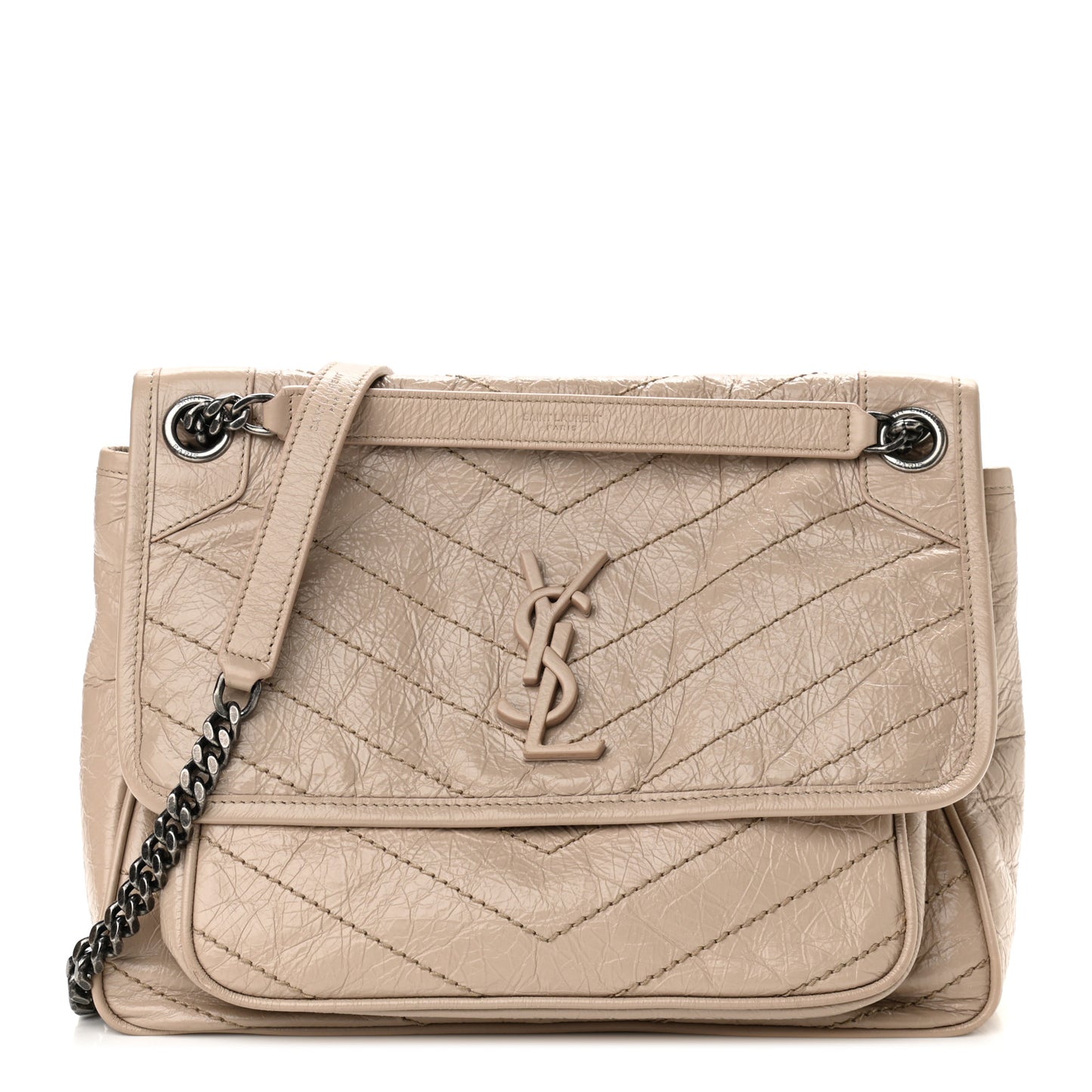 Crinkled Calfskin Matelasse Monogram Medium Niki Chain Satchel Natural