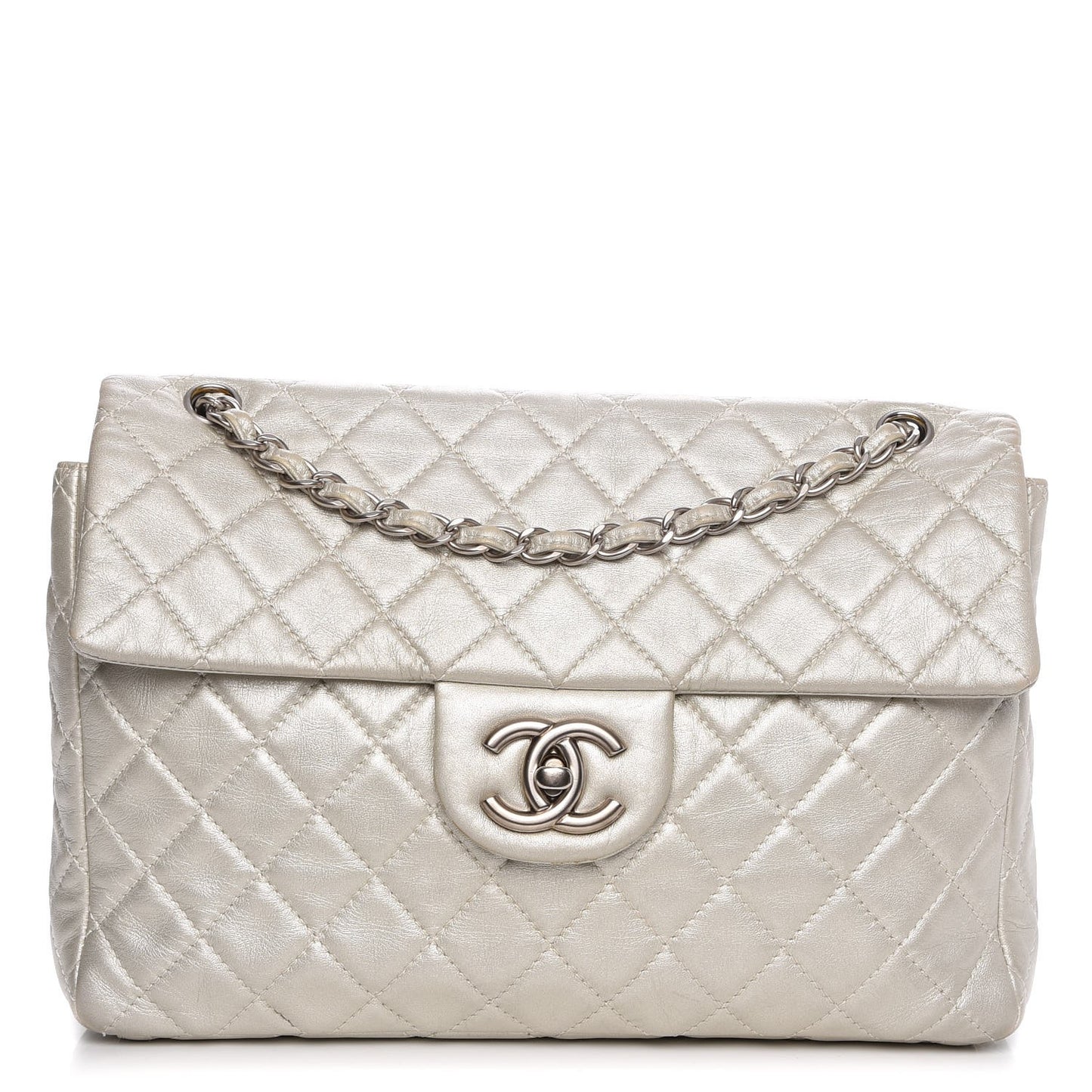 Metallic Lambskin Quilted Maxi Single Flap Silver