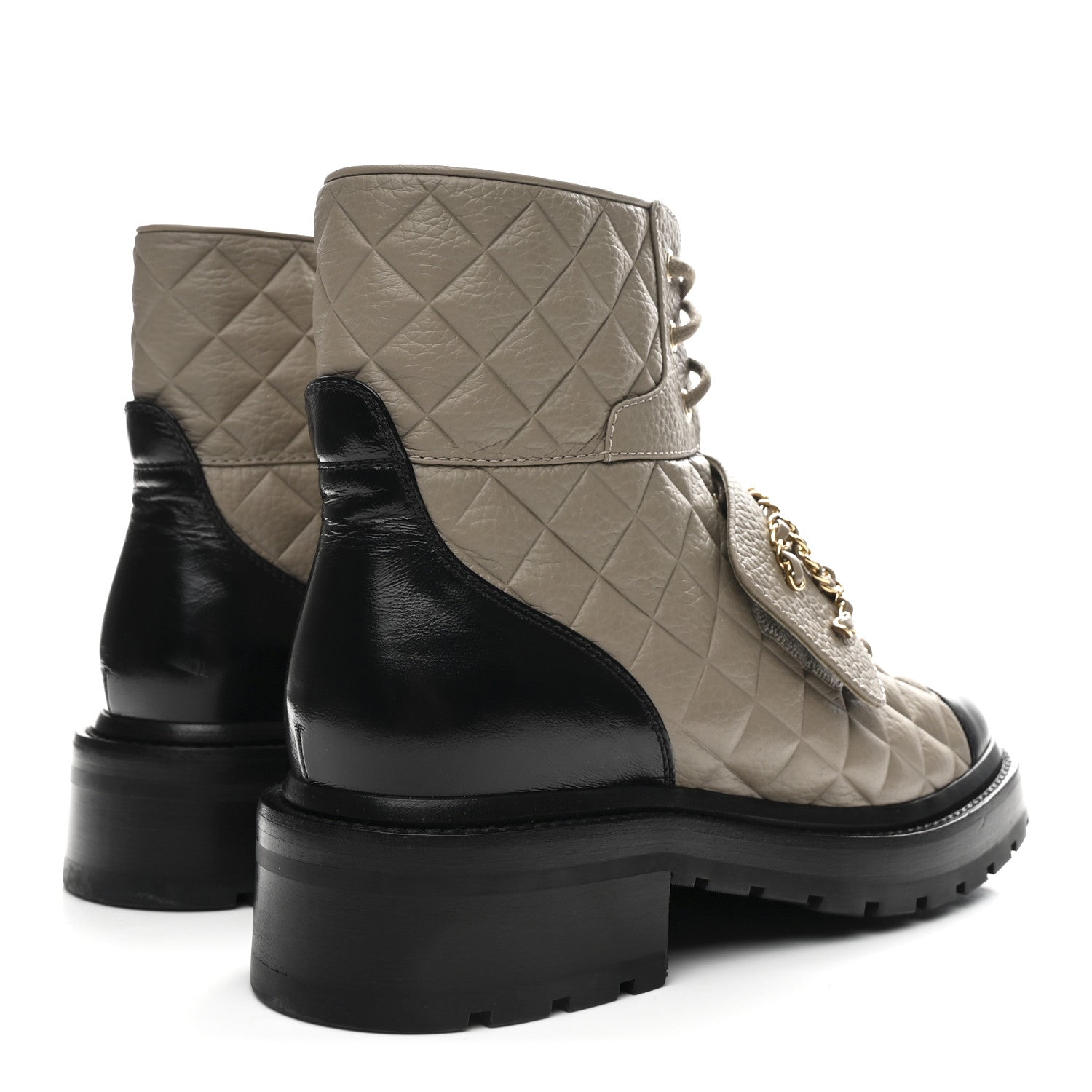 Chanel Calfskin Shiny Calfskin Quilted Lace Up Combat Boots 38 Dark Beige Black 5 of 11