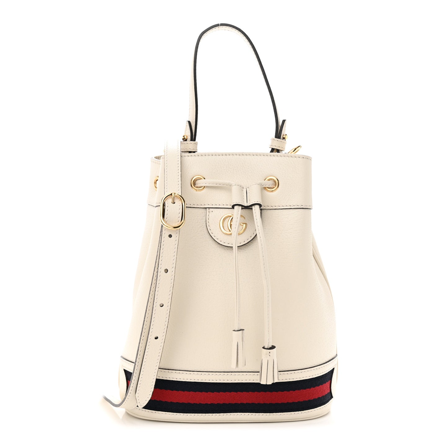 Glazed Textured Calfskin Web Small Ophidia Bucket Bag Mystic White