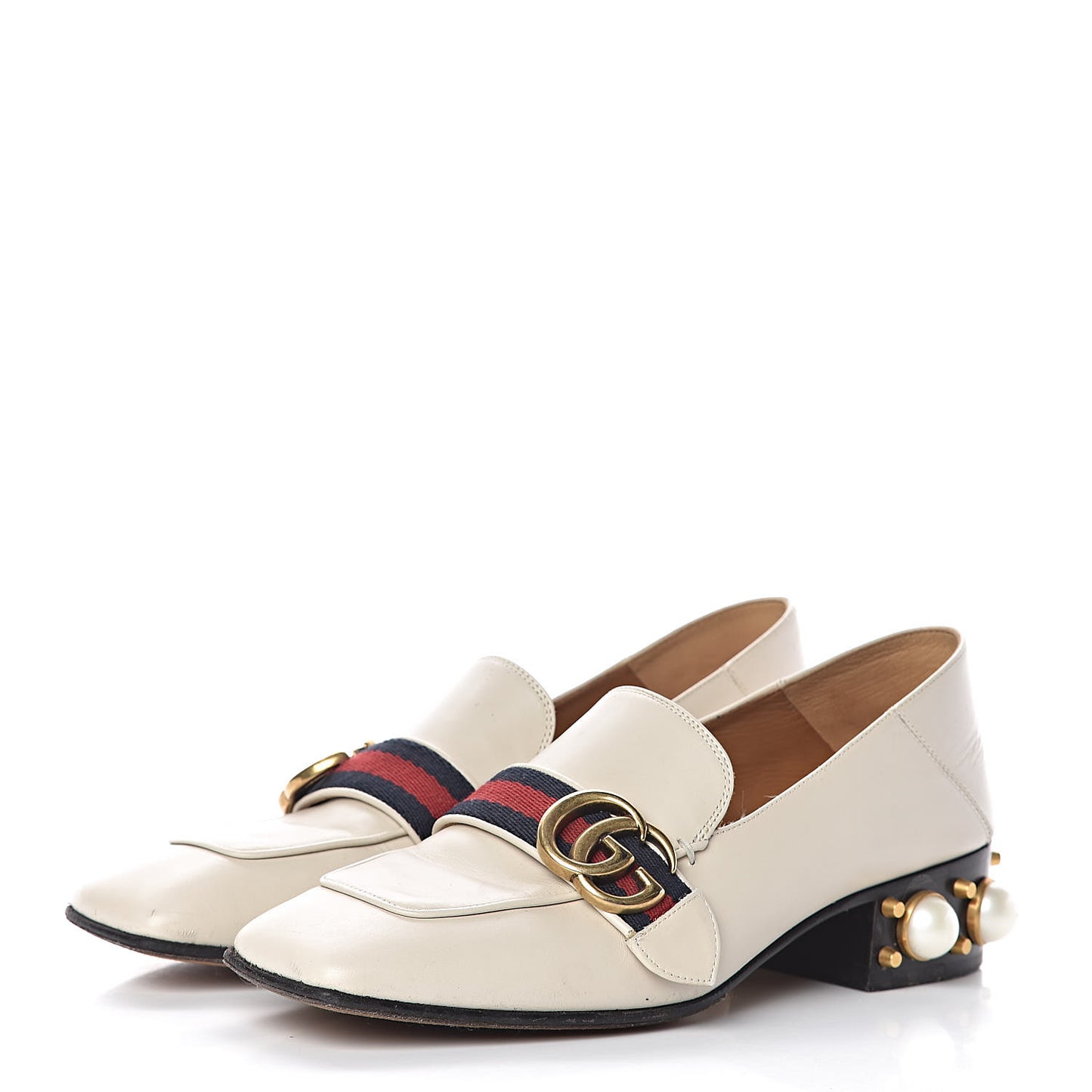 Betis Glamour Calfskin Web Pearl Embellished Peyton 35mm Loafer Pumps 36.5 Mystic White