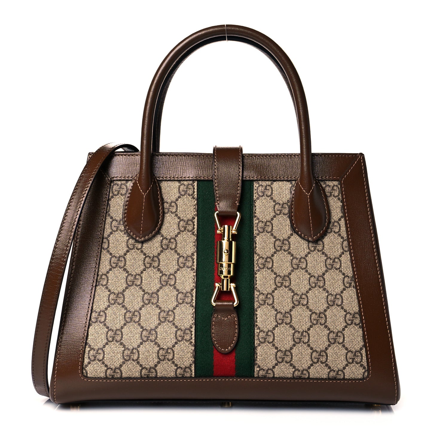 GG Supreme Monogram Azalea Calfskin Web Medium Jackie 1961 Tote Beige Ebony Brown Sugar