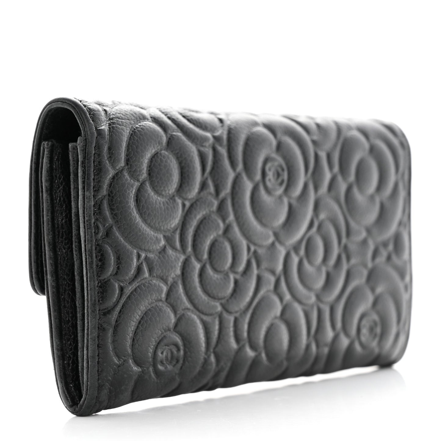 Caviar Camellia Embossed Flap Wallet Black