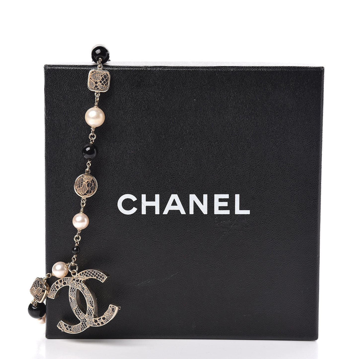 Pearl Beaded Lace CC Necklace Black Gold