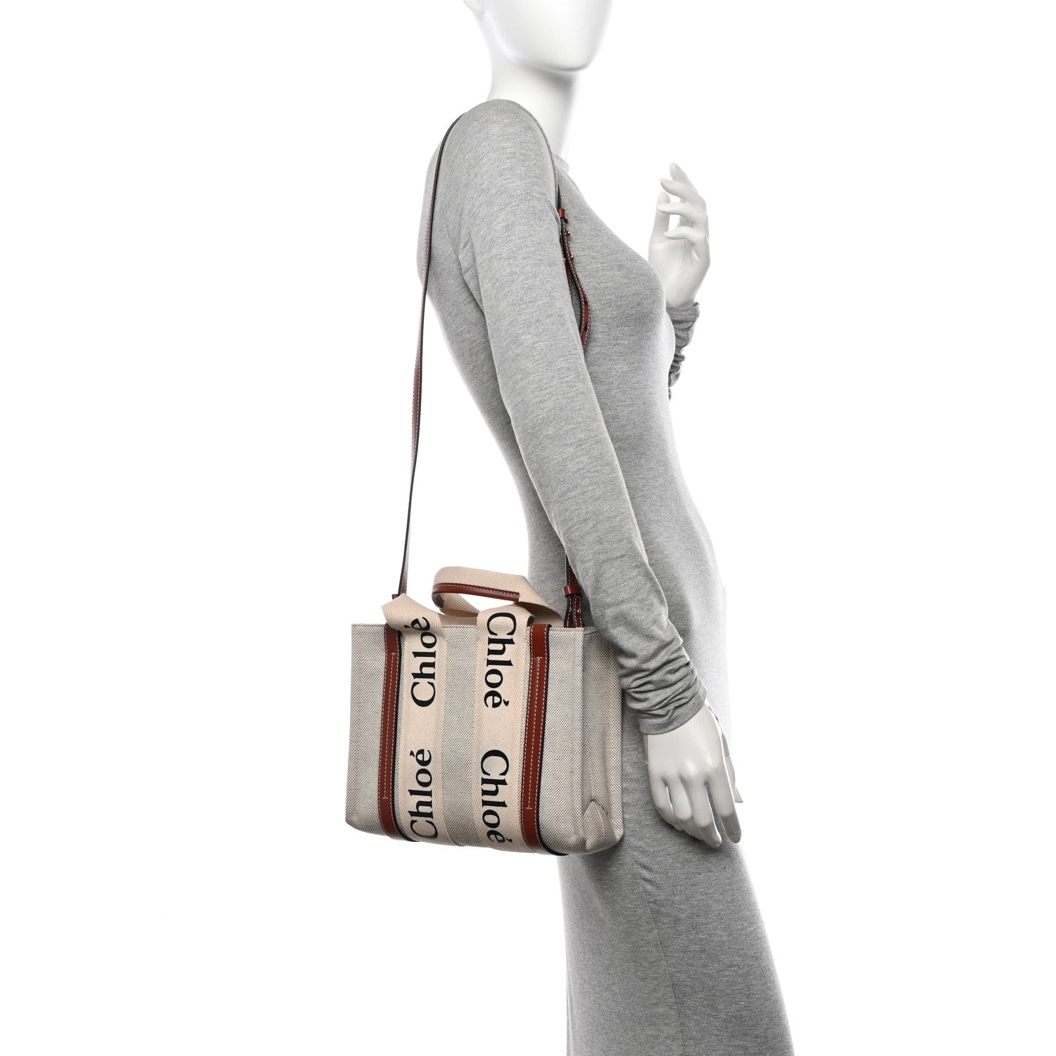 Chloe Cotton Calfskin Small Woody Ribbon Tote With Strap White Brown 2 of 12