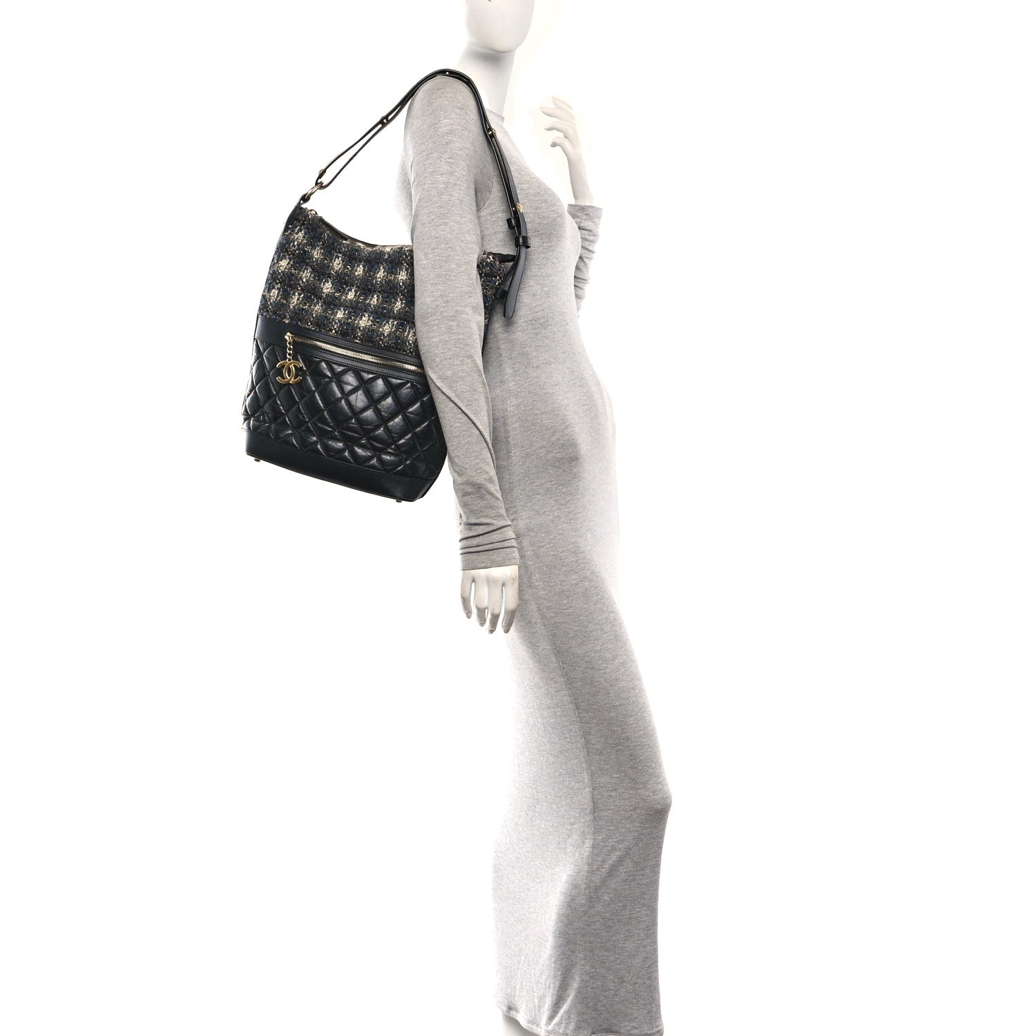 Chanel Tweed Aged Calfskin Quilted Casual Style Hobo Black 2 of 10