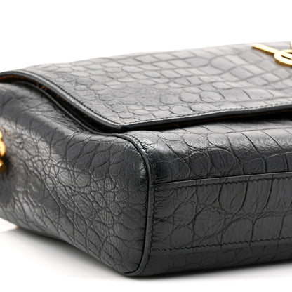 Saint Laurent Calfskin Crocodile Embossed Suede Medium Reversible Monogram Kate Satchel Military Taupe 14 of 17
