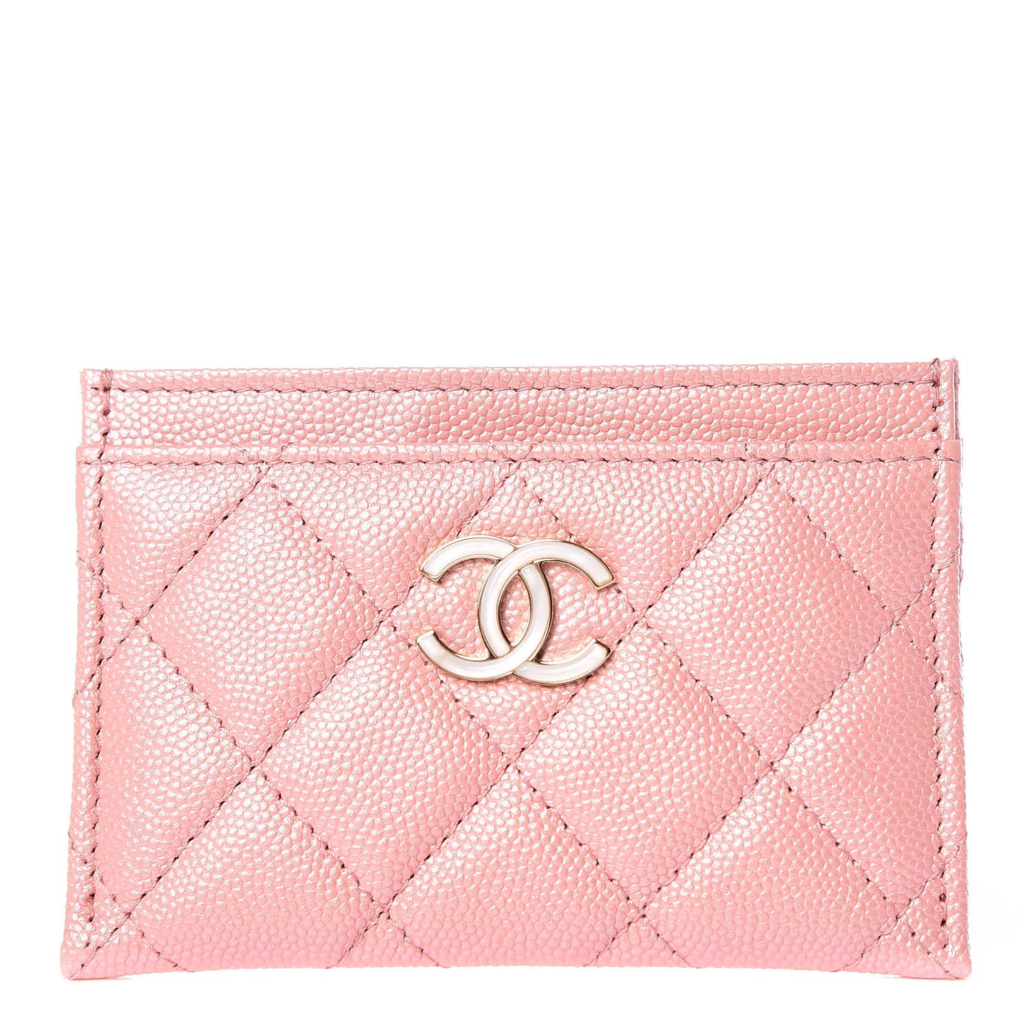 Iridescent Caviar Quilted Card Holder Rose Pink