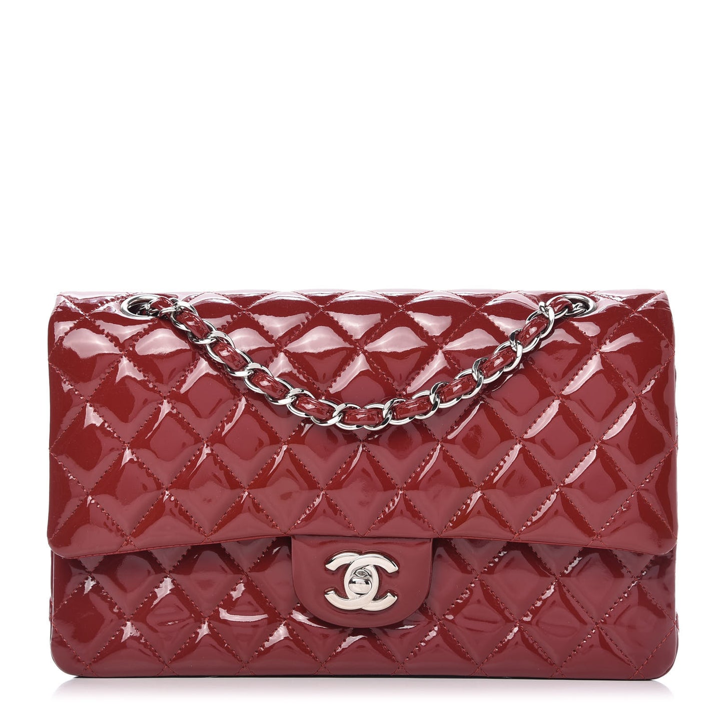 Patent Calfskin Quilted Medium Double Flap Dark Red