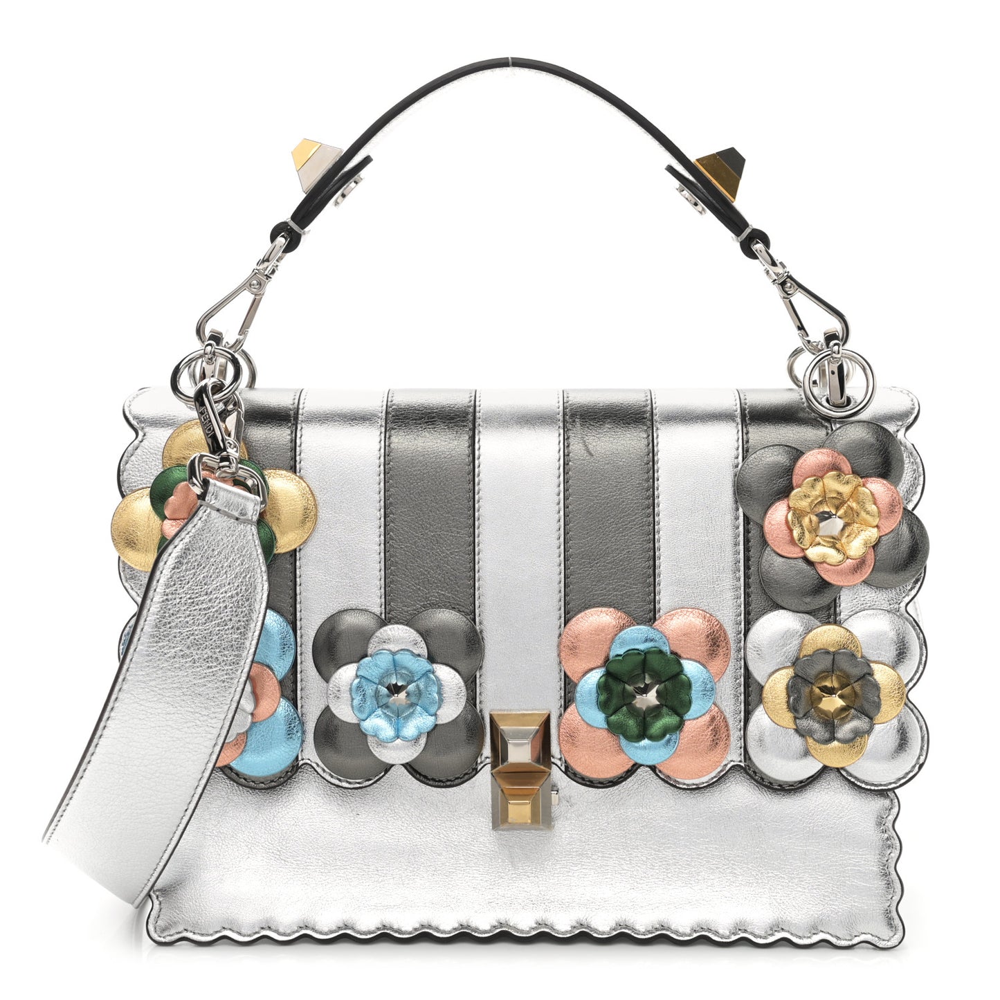 Metallic Calfskin Flowerland Scalloped Studded Pequin Kan I Shoulder Bag Argento