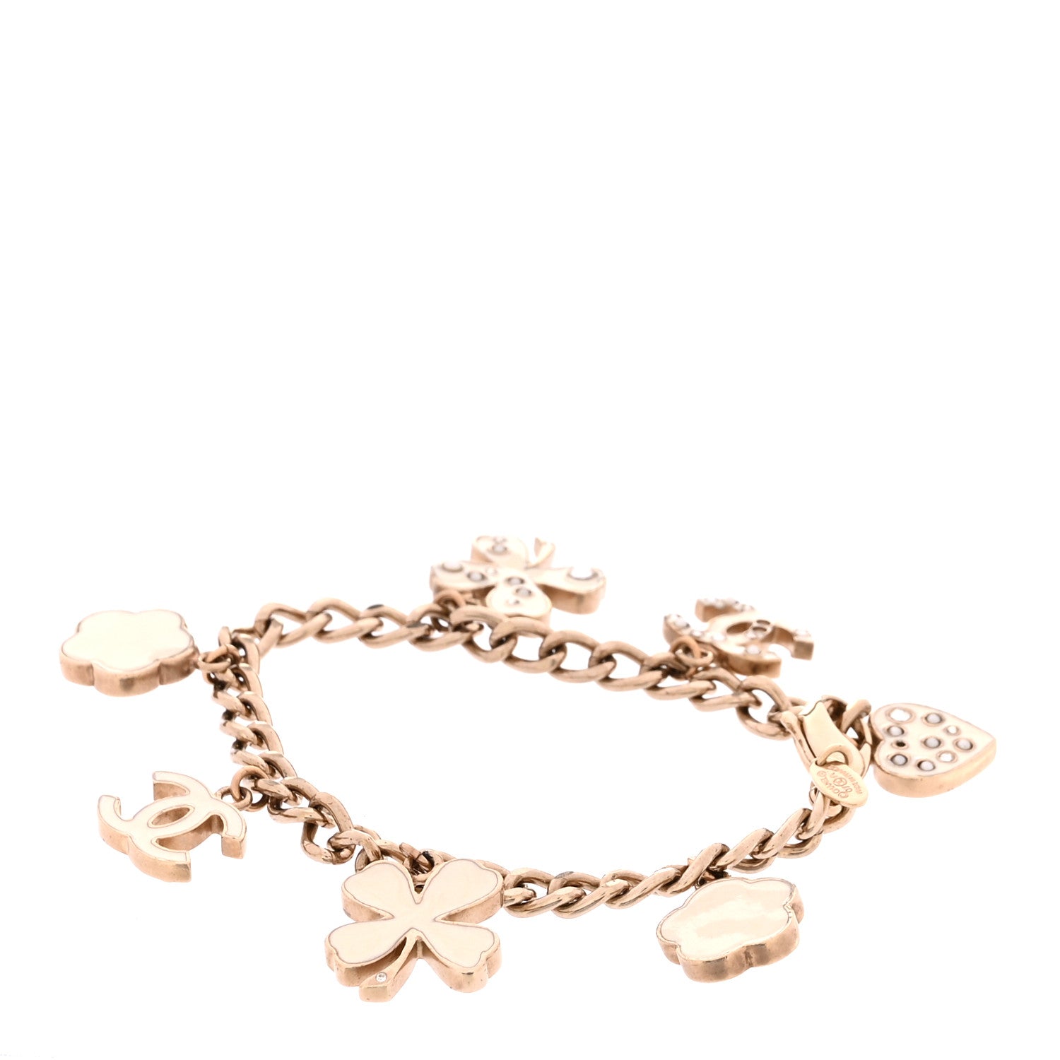 Chanel Enamel Crystal Pearl CC Lucky Charms Bracelet Gold White 3 of 5