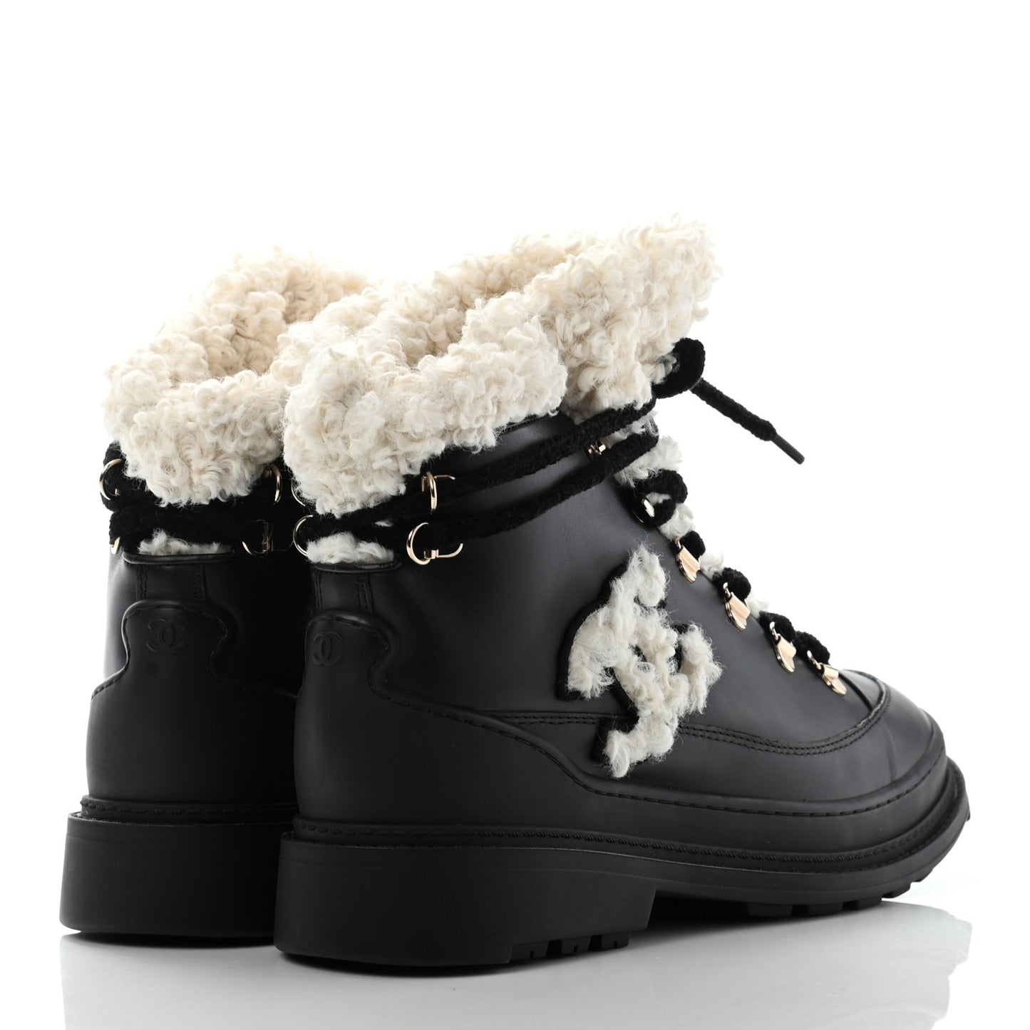 Calfskin Shearling CC Lace Up Boots 41 Black