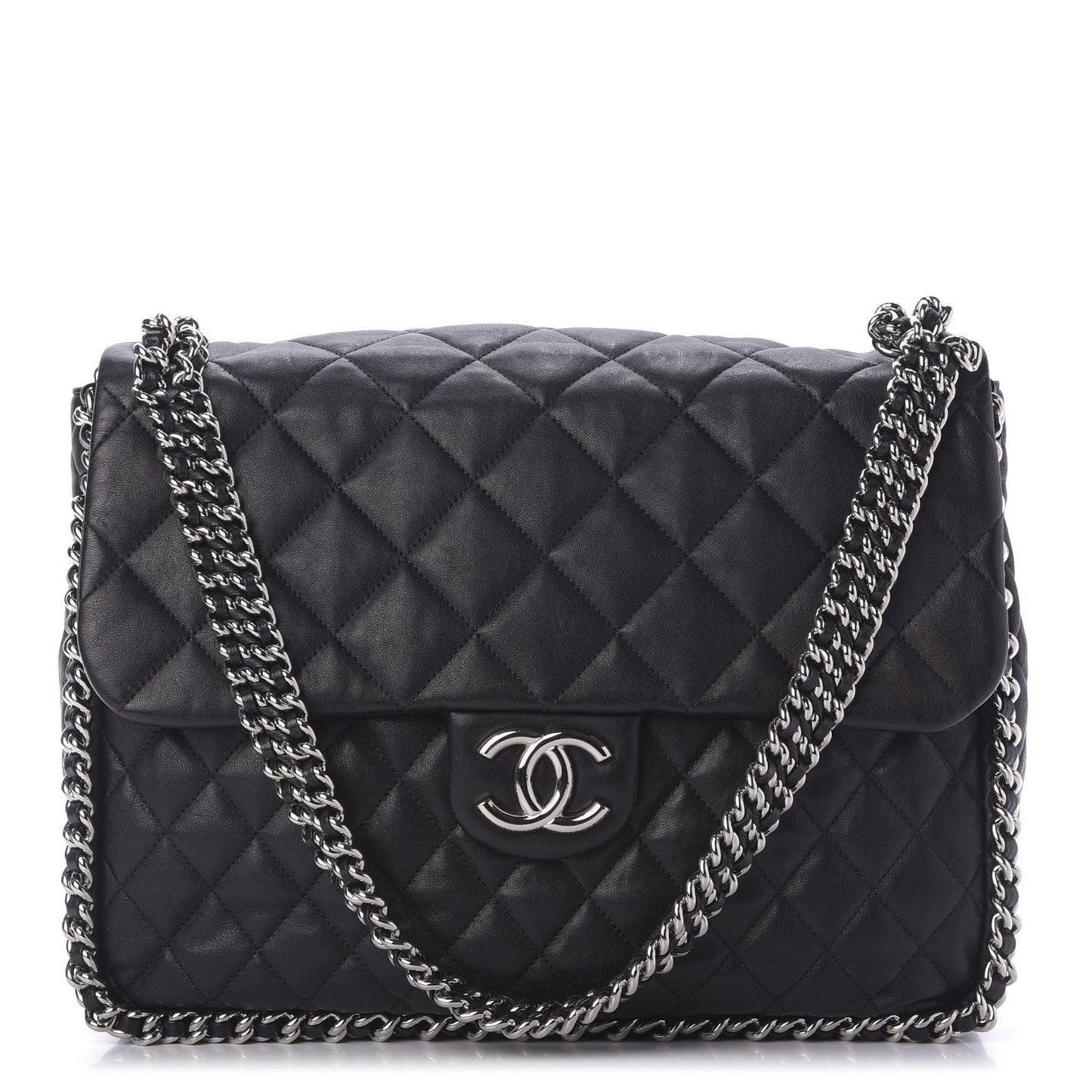Washed Lambskin Quilted Maxi Chain Around Flap Black