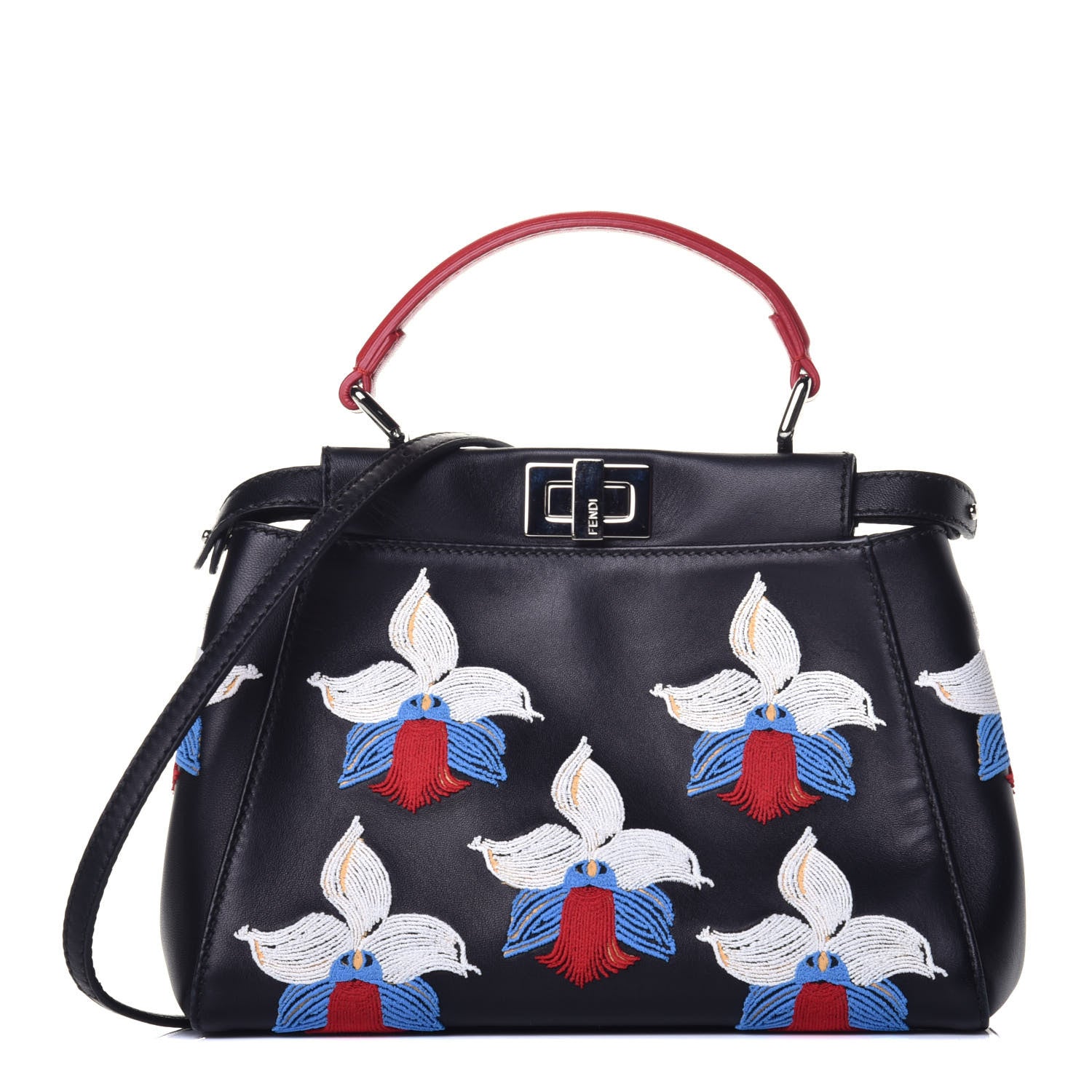 Fendi Nappa Orchid Embroidered Mini Peekaboo Iconic Satchel Black 1 of 9