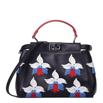 Fendi Nappa Orchid Embroidered Mini Peekaboo Iconic Satchel Black 1 of 9